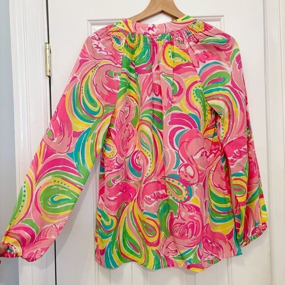 Lilly Pulitzer Elsa Top Blouse XS 100% Silk Floral Flamingo Print - Picture 4 of 6